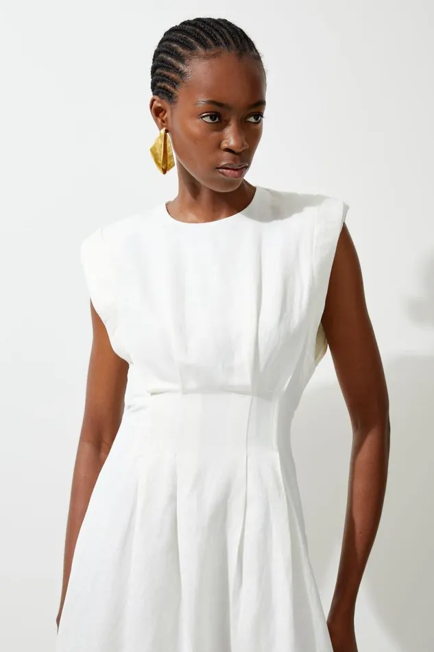 Viscose Linen Woven Pintuck Midi Dress White Women Karen Millen Dresses