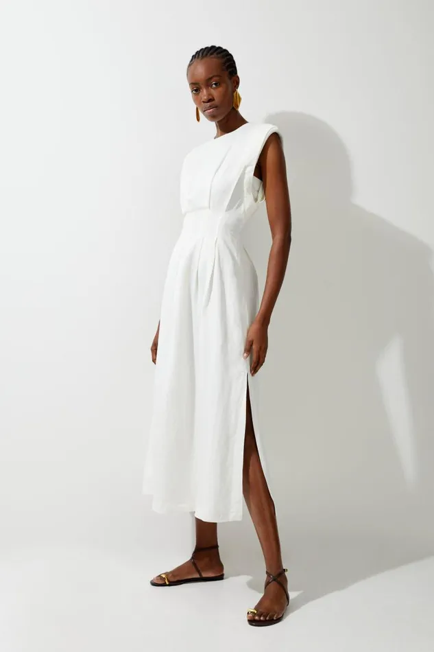 Viscose Linen Woven Pintuck Midi Dress White Women Karen Millen Dresses