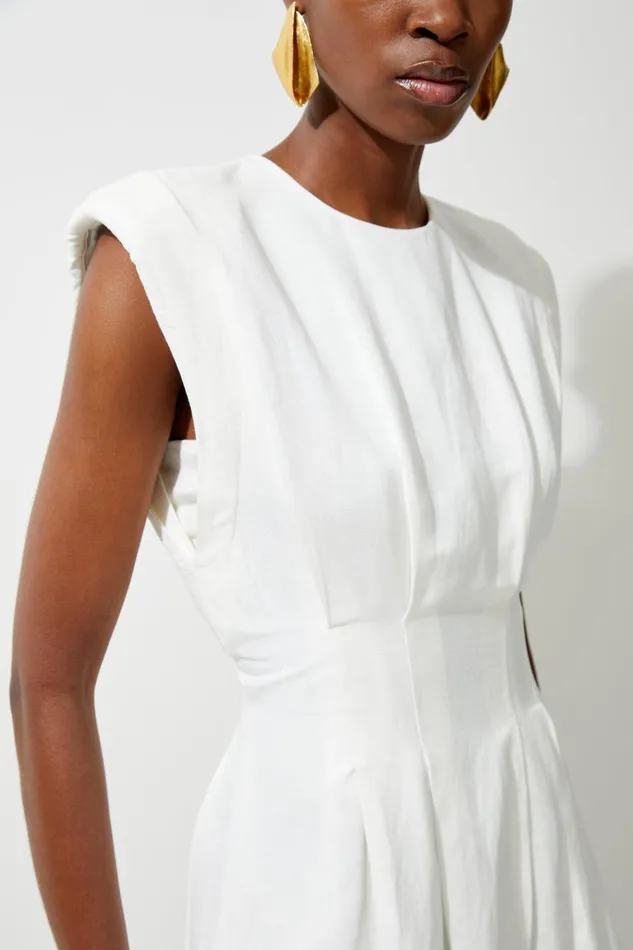 Viscose Linen Woven Pintuck Midi Dress White Women Karen Millen Dresses