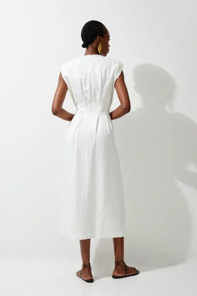 Viscose Linen Woven Pintuck Midi Dress White Women Karen Millen Dresses