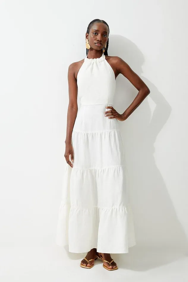 Viscose Linen Woven Tiered Halter Maxi Dress White Women Karen Millen Dresses