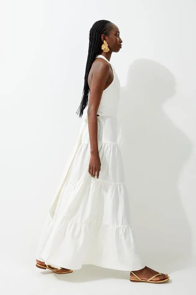 Viscose Linen Woven Tiered Halter Maxi Dress White Women Karen Millen Dresses