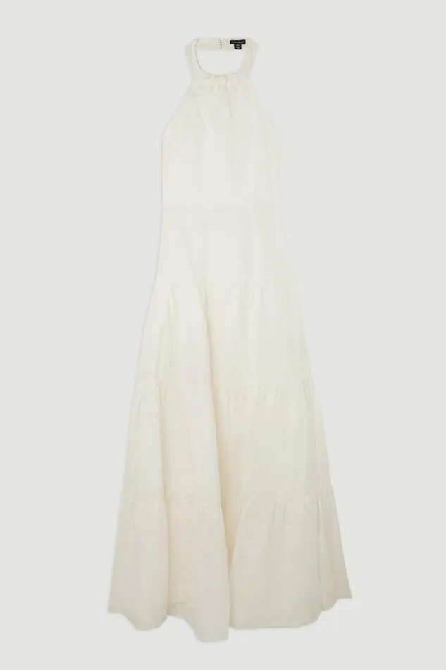 Viscose Linen Woven Tiered Halter Maxi Dress White Women Karen Millen Dresses