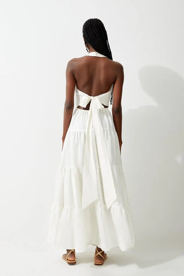 Viscose Linen Woven Tiered Halter Maxi Dress White Women Karen Millen Dresses