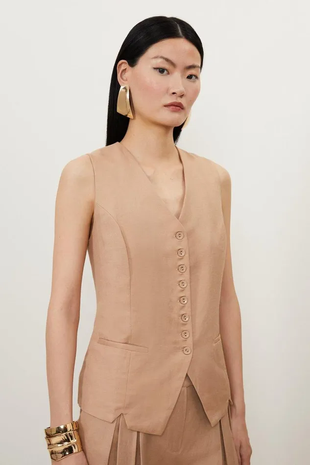 Viscose Linen Woven Waistcoat Tan Women Karen Millen Coats and Jackets