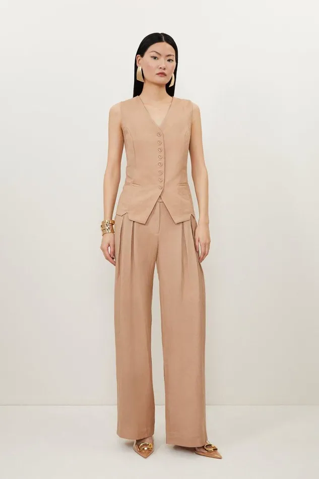 Viscose Linen Woven Waistcoat Tan Women Karen Millen Coats and Jackets