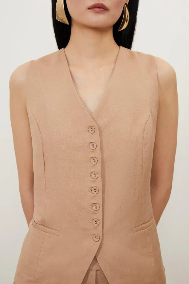 Viscose Linen Woven Waistcoat Tan Women Karen Millen Coats and Jackets