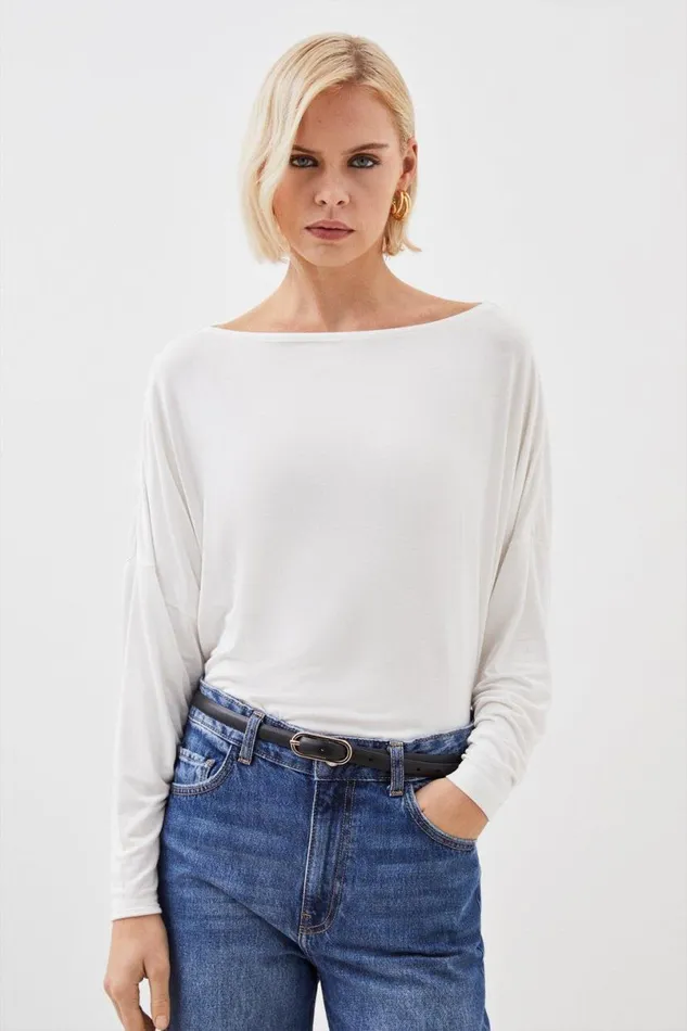 Viscose Lyocell Long Sleeve Top Ivory Women Karen Millen Tops