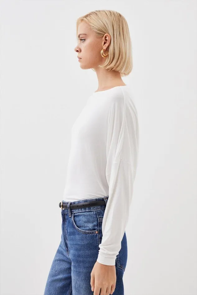 Viscose Lyocell Long Sleeve Top Ivory Women Karen Millen Tops