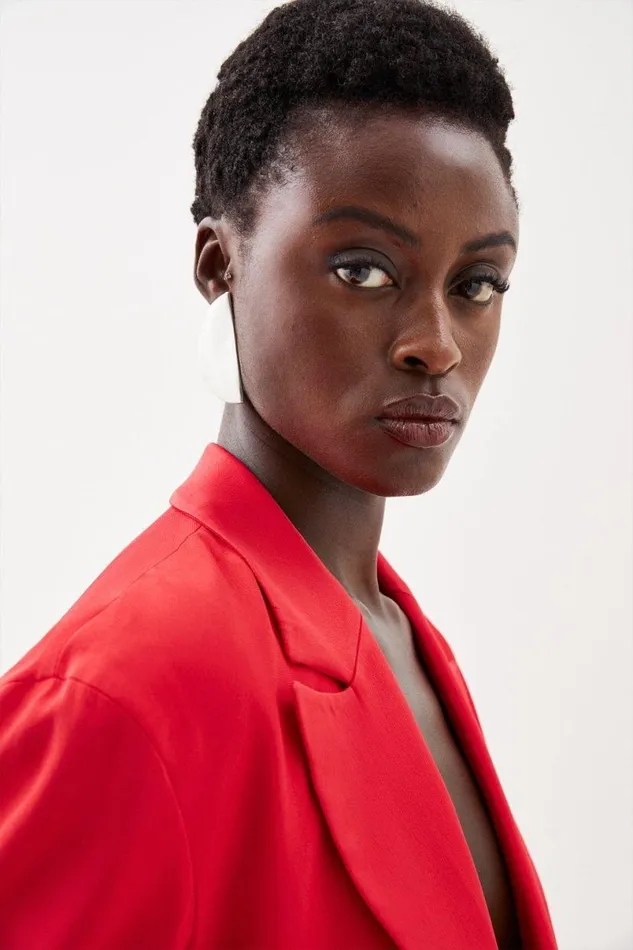 Viscose Satin Back Crepe Tailored Single Breasted Blazer Red Women Karen Millen Coats and Jackets