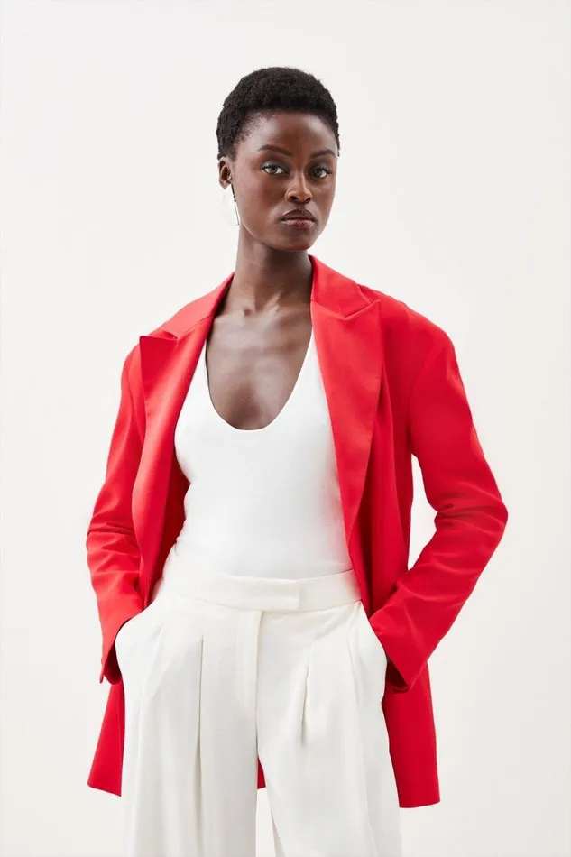 Viscose Satin Back Crepe Tailored Single Breasted Blazer Red Women Karen Millen Coats and Jackets
