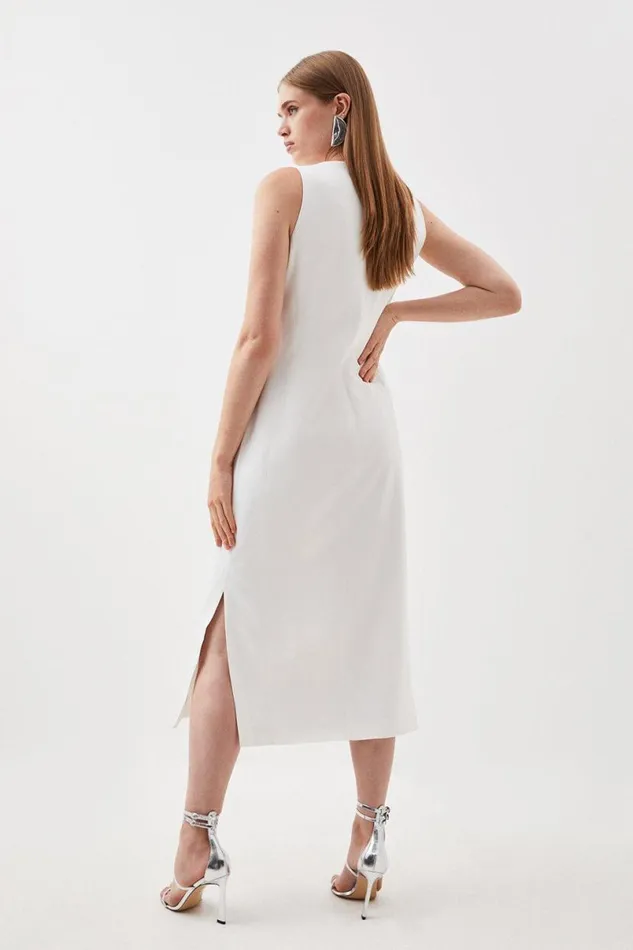 Viscose Satin Back Crepe Tailored Sleeveless Midi Column Dress Ivory Women Karen Millen Dresses