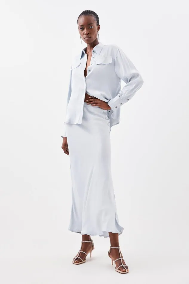 Viscose Satin Woven Blouse Pale Blue Women Karen Millen Tops
