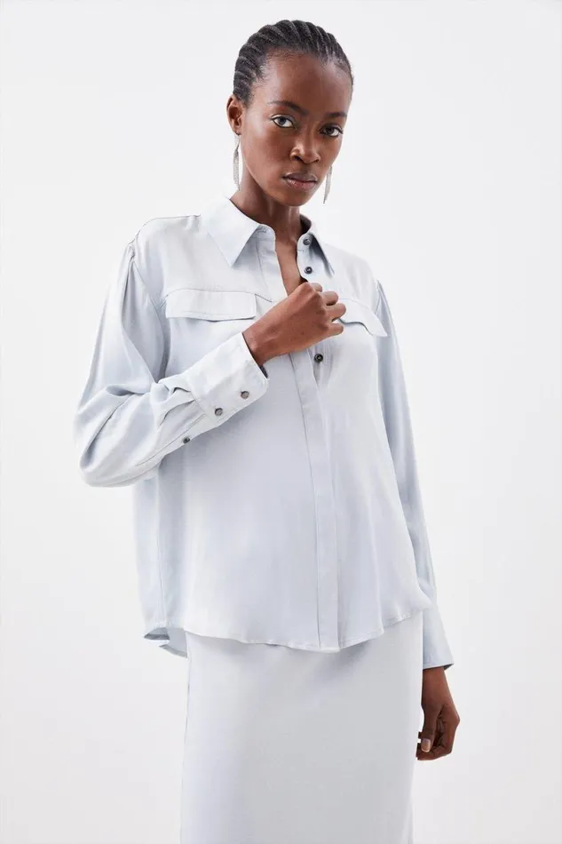 Viscose Satin Woven Blouse Pale Blue Women Karen Millen Tops