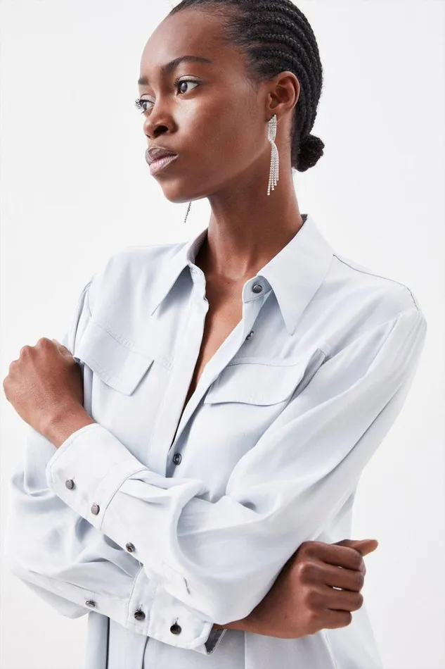 Viscose Satin Woven Blouse Pale Blue Women Karen Millen Tops