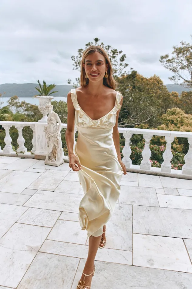 VRG GRL MidiMaxi Dresses Women Rosalia Satin Bias Cut Maxi Dress Butter VRG GRL MidiMaxi Dresses Women Rosalia Satin Bias Cut Maxi Dress Butter