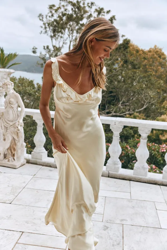 VRG GRL MidiMaxi Dresses Women Rosalia Satin Bias Cut Maxi Dress Butter VRG GRL MidiMaxi Dresses Women Rosalia Satin Bias Cut Maxi Dress Butter