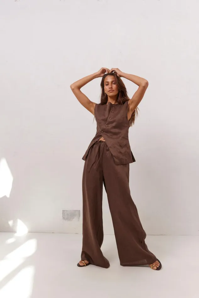 VRG GRL Sets Women Raya Linen Pants Chocolate