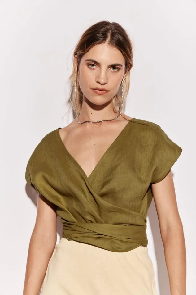 VRG GRL Short Sleeve Women Sea Glass Linen Wrap Top Olive