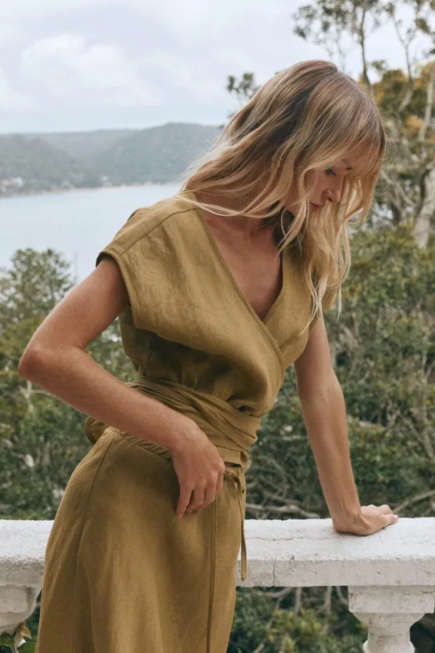 VRG GRL Short Sleeve Women Sea Glass Linen Wrap Top Olive