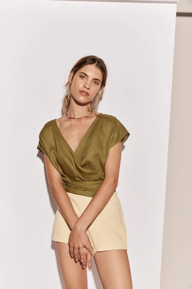 VRG GRL Short Sleeve Women Sea Glass Linen Wrap Top Olive