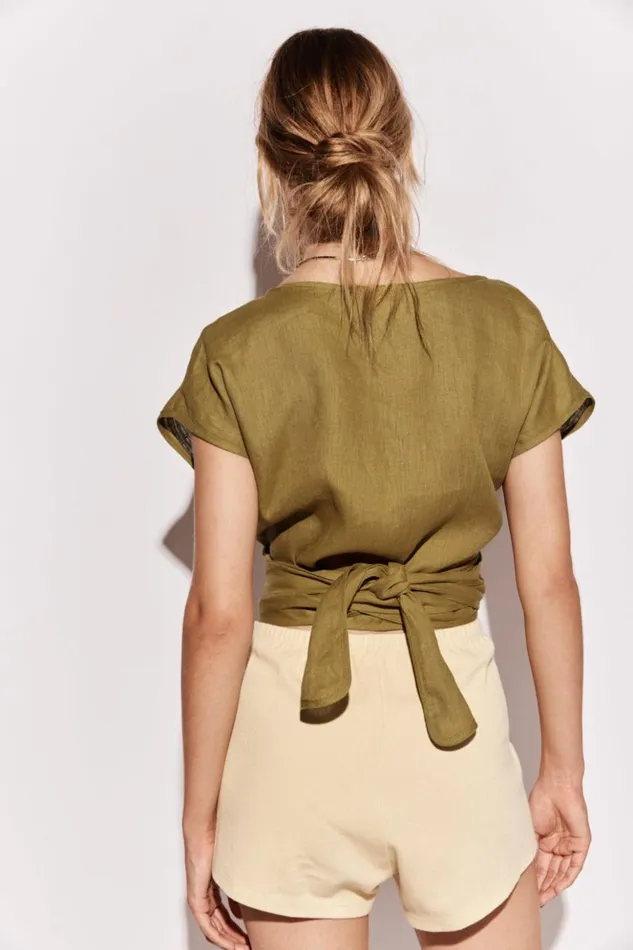 VRG GRL Short Sleeve Women Sea Glass Linen Wrap Top Olive