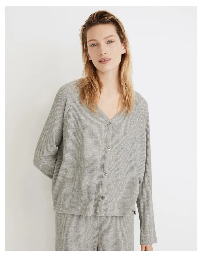Waffle Knit Button Front Pajama Top Salt And Pepper Heather Women Madewell Pajamas