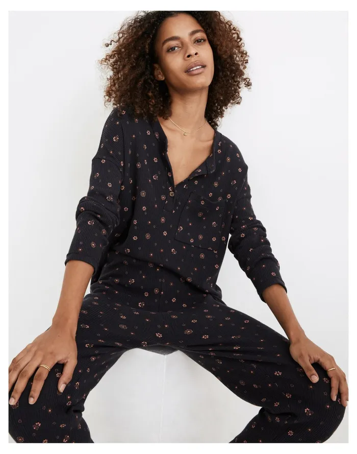 Waffle Knit Henley Pajama Top In Bandana Floral Night Vision Women Madewell Pajamas