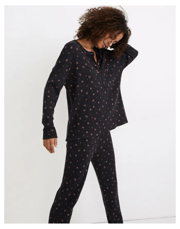 Waffle Knit Henley Pajama Top In Bandana Floral Night Vision Women Madewell Pajamas