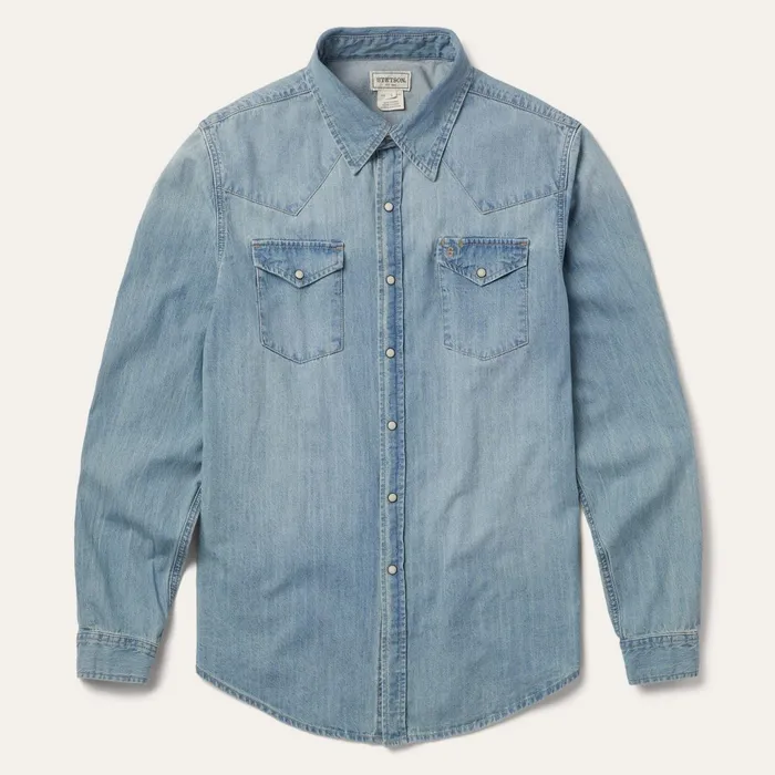 Western Shirts Men Stetson LongSleeved Denim Shirt Blue