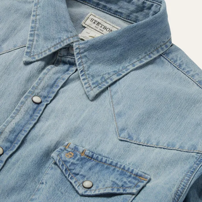 Western Shirts Men Stetson LongSleeved Denim Shirt Blue