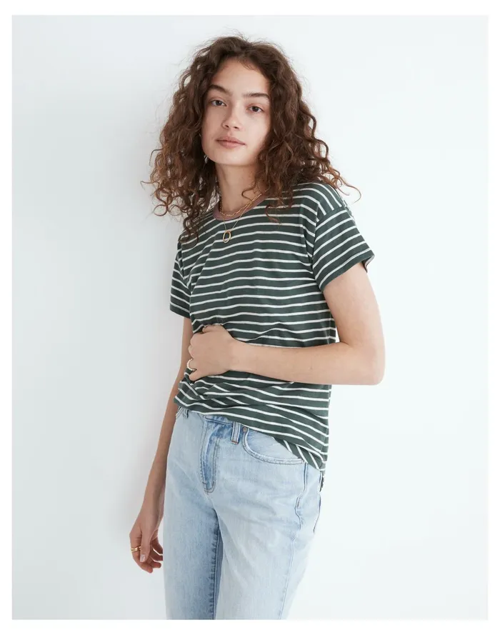 Whisper Cotton Rib Crewneck Ringer Tee In Torson Stripe Forest Women Madewell Tees