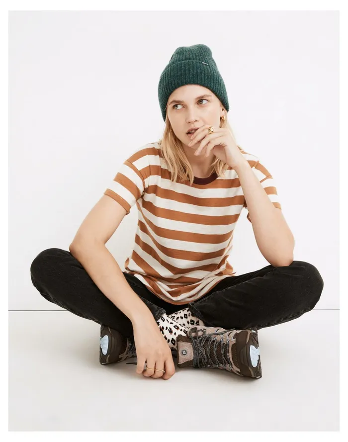 Whisper Cotton Rib Crewneck Ringer Tee Warm Hickory Women Madewell Tees