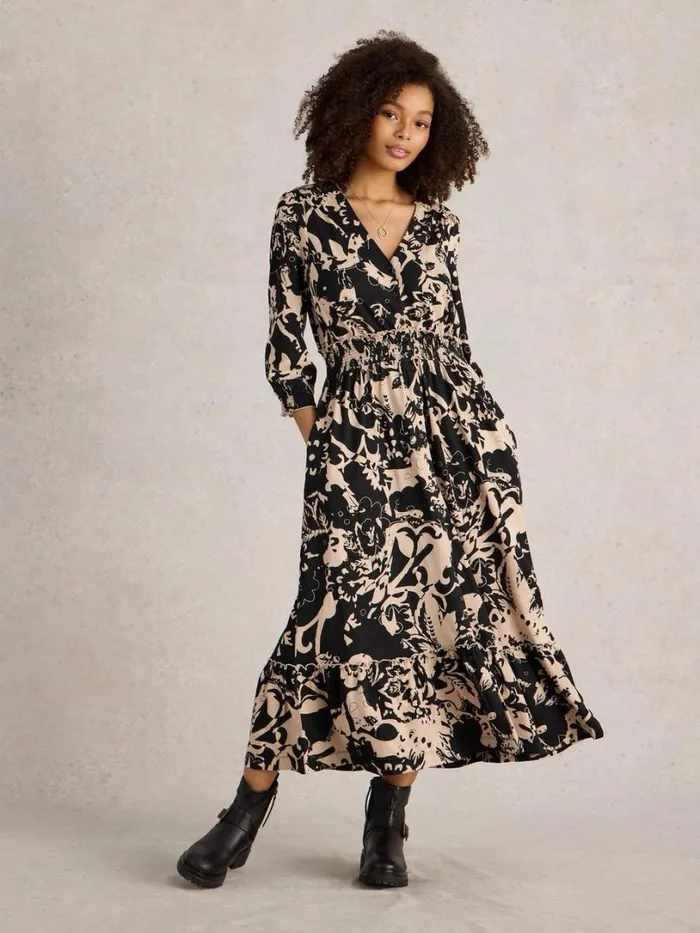 White Stuff Dresses Jonie Shirred Jersey Midi Dress Black Print 8211 Women