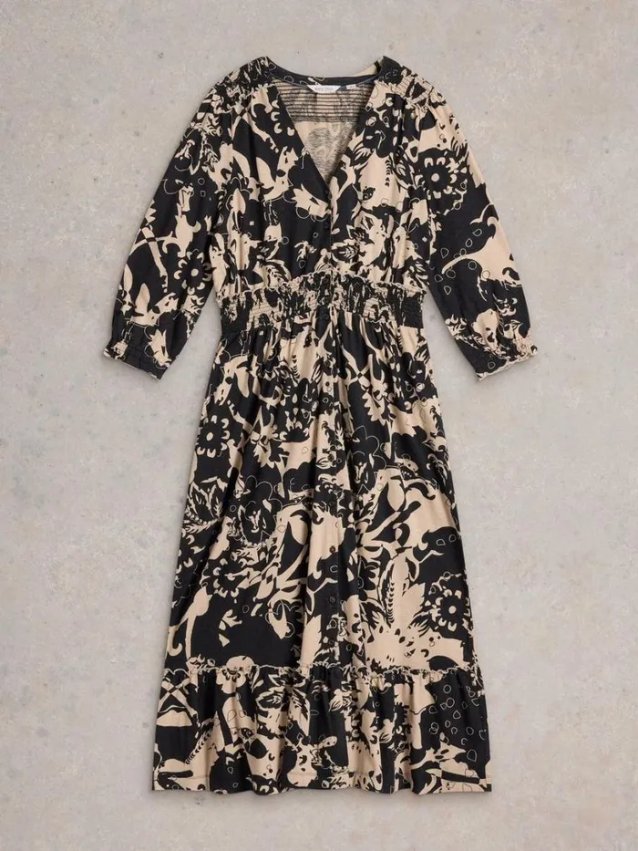 White Stuff Dresses Jonie Shirred Jersey Midi Dress Black Print 8211 Women