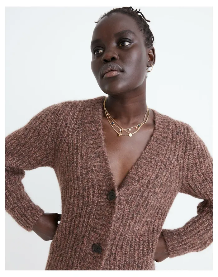 Willowbend V Neck Pleat Sleeve Cardigan Sweater Marled Maroon Women Madewell Sweaters