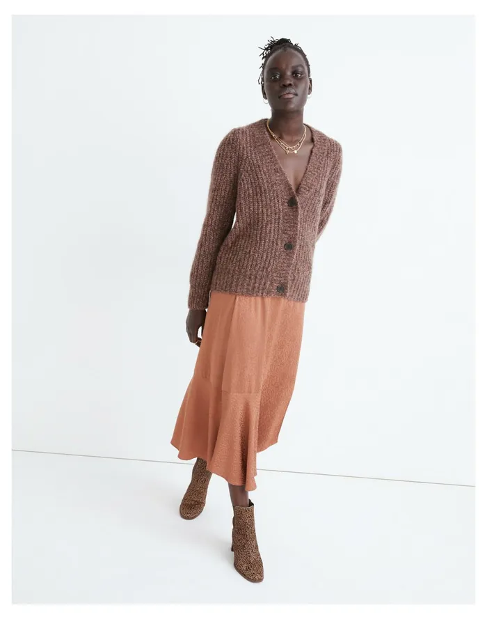 Willowbend V Neck Pleat Sleeve Cardigan Sweater Marled Maroon Women Madewell Sweaters
