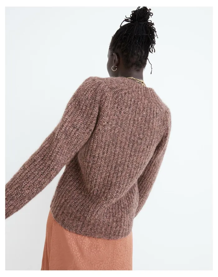 Willowbend V Neck Pleat Sleeve Cardigan Sweater Marled Maroon Women Madewell Sweaters