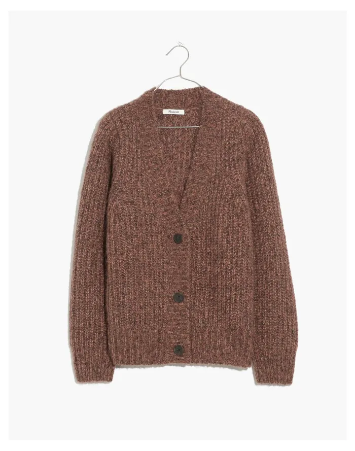 Willowbend V Neck Pleat Sleeve Cardigan Sweater Marled Maroon Women Madewell Sweaters