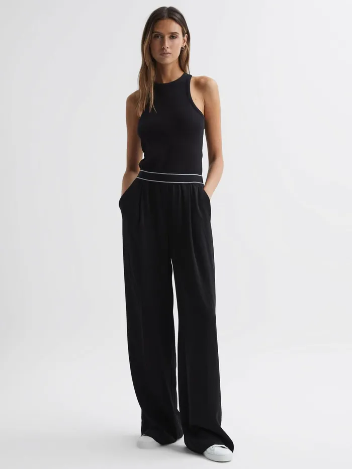 Women Abigail Wide Leg Elasticated Trousers Black Reiss Trousers