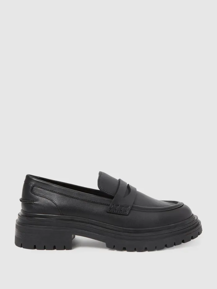 Women Adele Leather Chunky Cleated Loafers Black Reiss Flats