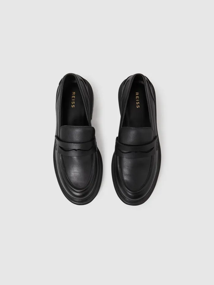 Women Adele Leather Chunky Cleated Loafers Black Reiss Flats