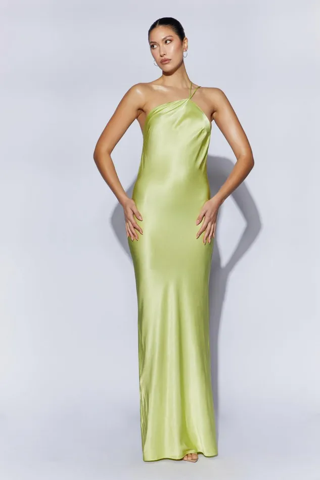 Women Alena One Shoulder Maxi Dress 8211 Pistachio Green Pistachiogreen Meshki Bridesmaids