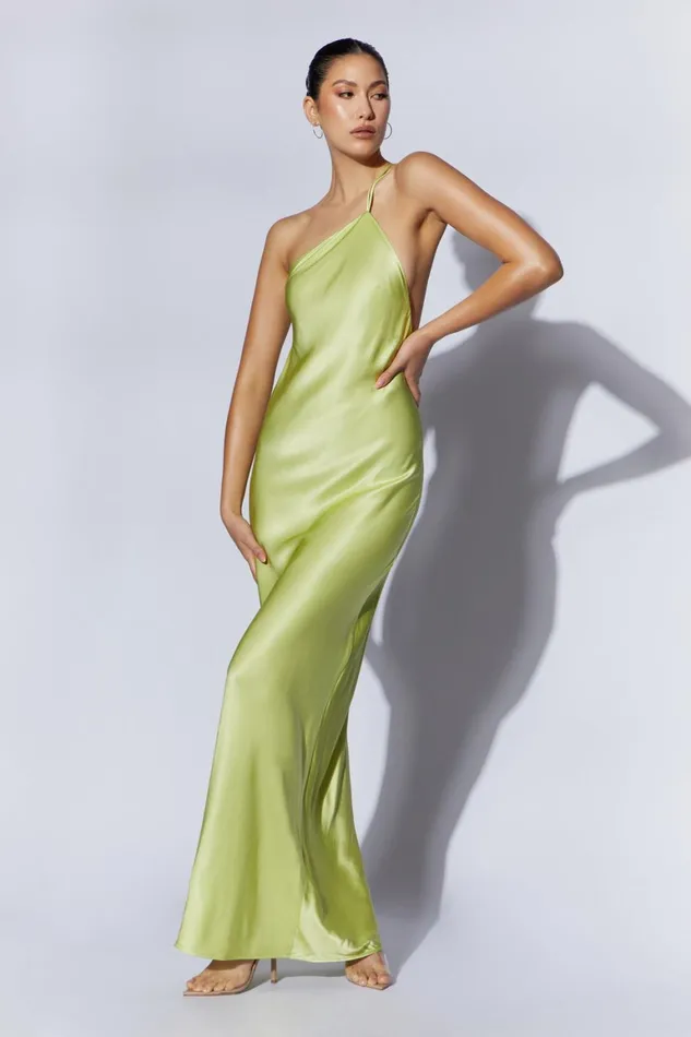 Women Alena One Shoulder Maxi Dress 8211 Pistachio Green Pistachiogreen Meshki Bridesmaids