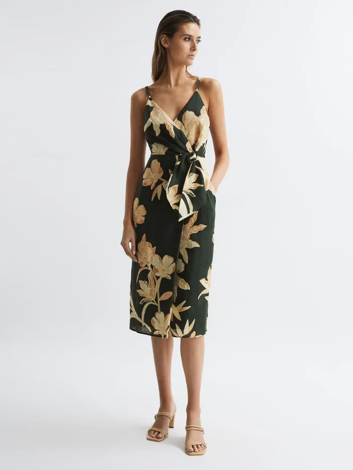 Women Alice Fitted Floral Print Midi Dress Khaki Reiss Dresses