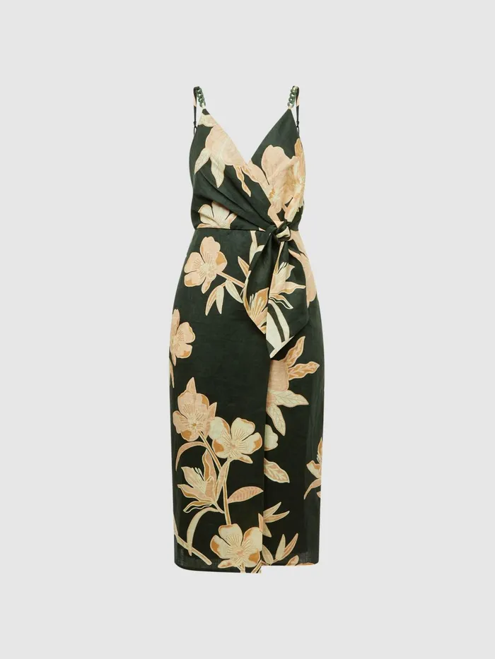 Women Alice Fitted Floral Print Midi Dress Khaki Reiss Dresses