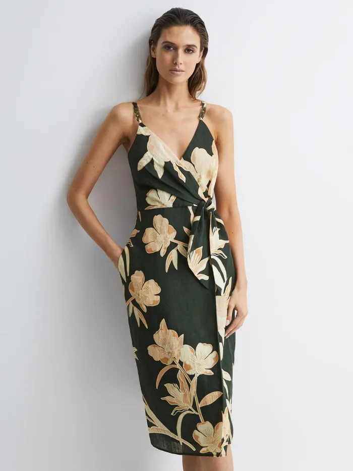 Women Alice Fitted Floral Print Midi Dress Khaki Reiss Dresses