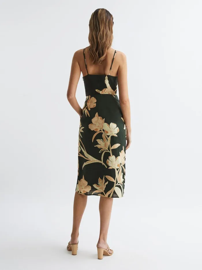 Women Alice Fitted Floral Print Midi Dress Khaki Reiss Dresses