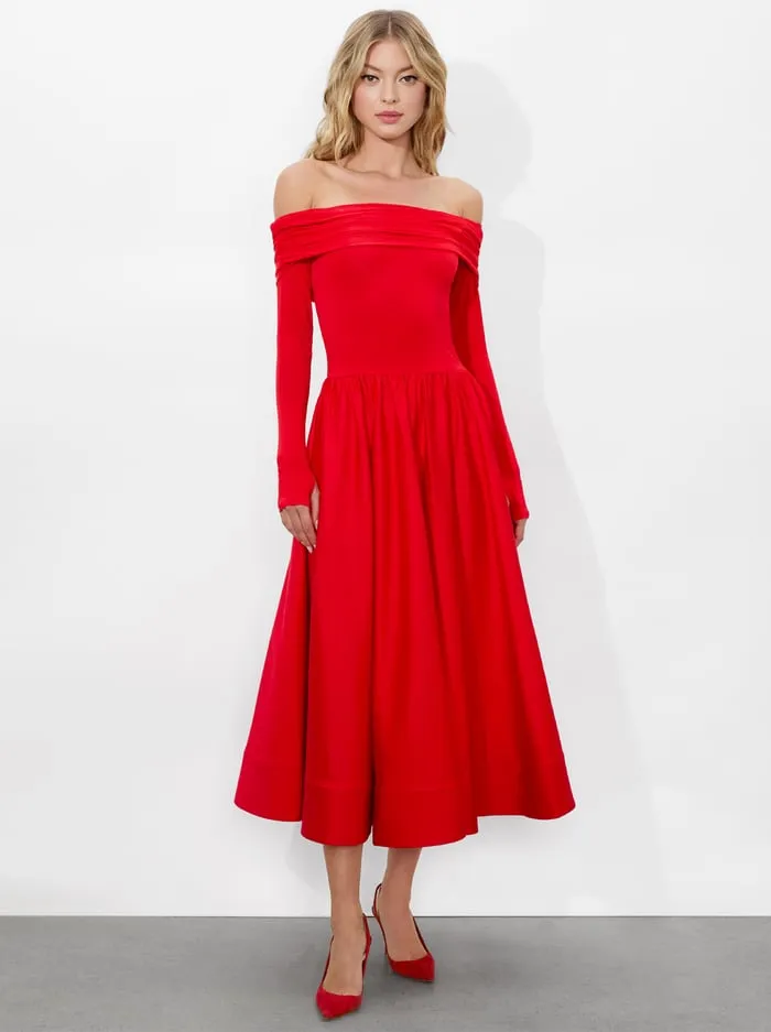 Women Alice Olivia Dresses Chara Flared Midi Dress Bright Ruby