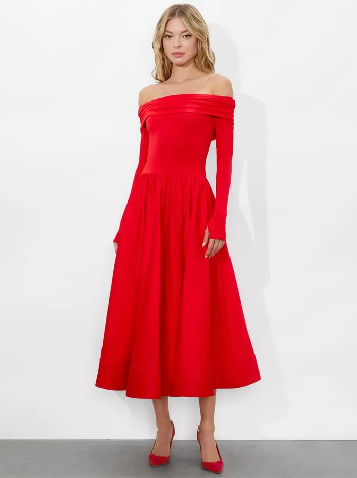 Women Alice Olivia Dresses Chara Flared Midi Dress Bright Ruby